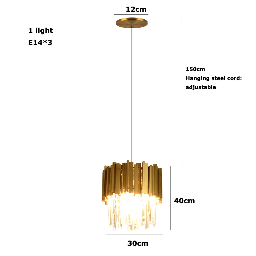 Gold crystal hanging lamp with adjustable steel cord, E14 bulb, for elegant foyer lighting