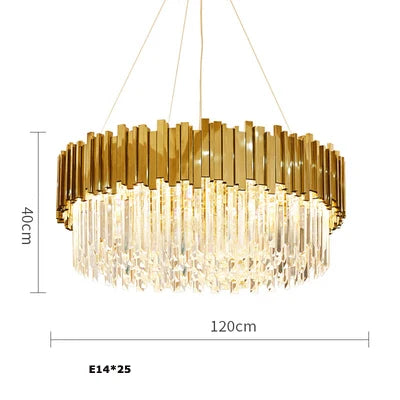 120cm round gold crystal chandelier with modern E14 lighting for grand interiors.