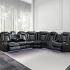 A 210-inch black power reclining sectional sofa with diamond-stitched upholstery and under-seat LED lighting, perfect for a modern home theater or living room.

