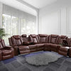 A 210-inch brown power reclining sectional sofa with quilted seats, built-in storage consoles, and LED accent lights for an upscale, cozy atmosphere.

