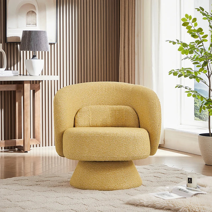 Front view of a yellow sherpa barrel chair with 360-degree swivel functionality and plush cushions, ideal for modern living rooms or bedrooms.


