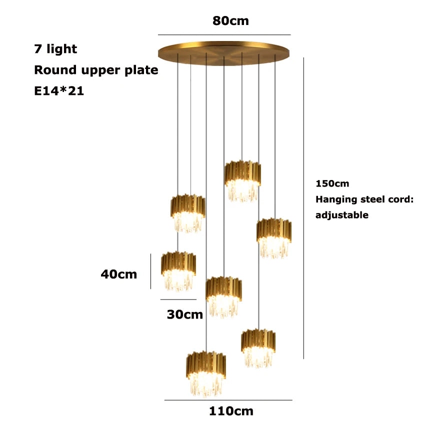 Seven-light round gold crystal chandelier with adjustable suspension for luxury spaces