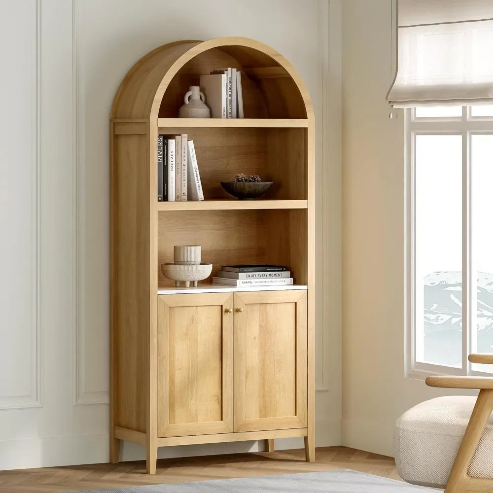 71-inch tall arched cabinet in natural oak finish, featuring a 5-tier bookcase and storage shelves.