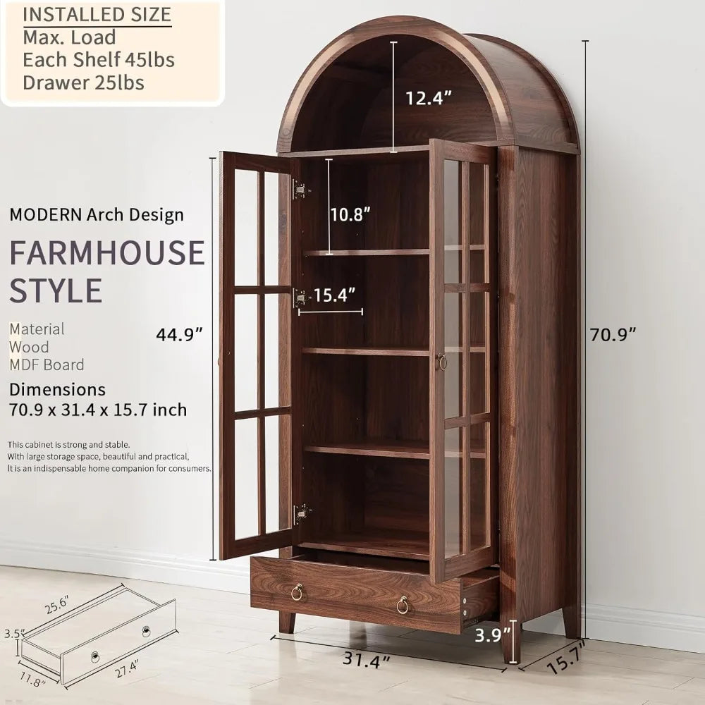 71-inch tall arched kitchen pantry cabinet with glass doors and spacious shelving in rustic brown.