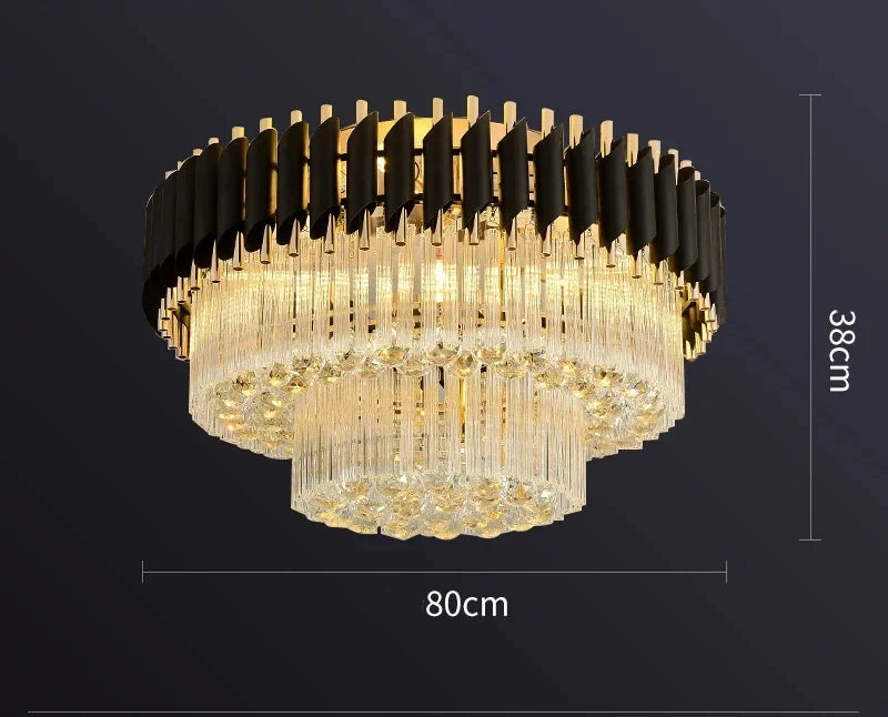 80cm modern crystal ceiling light with black and gold finish and layered LED design.