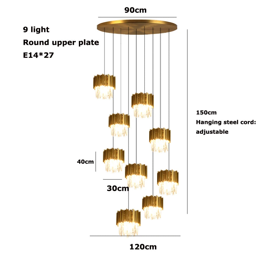 Nine-light round gold crystal chandelier with adjustable steel cords for grand foyers