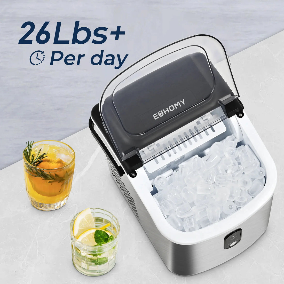 SIMZLIFE Countertop Ice Maker Machine with Handle – 26 lbs/24H, 9 Bullet Ice Cubes in 6 Mins, Auto-Cleaning, Portable Ice Maker (Silver)