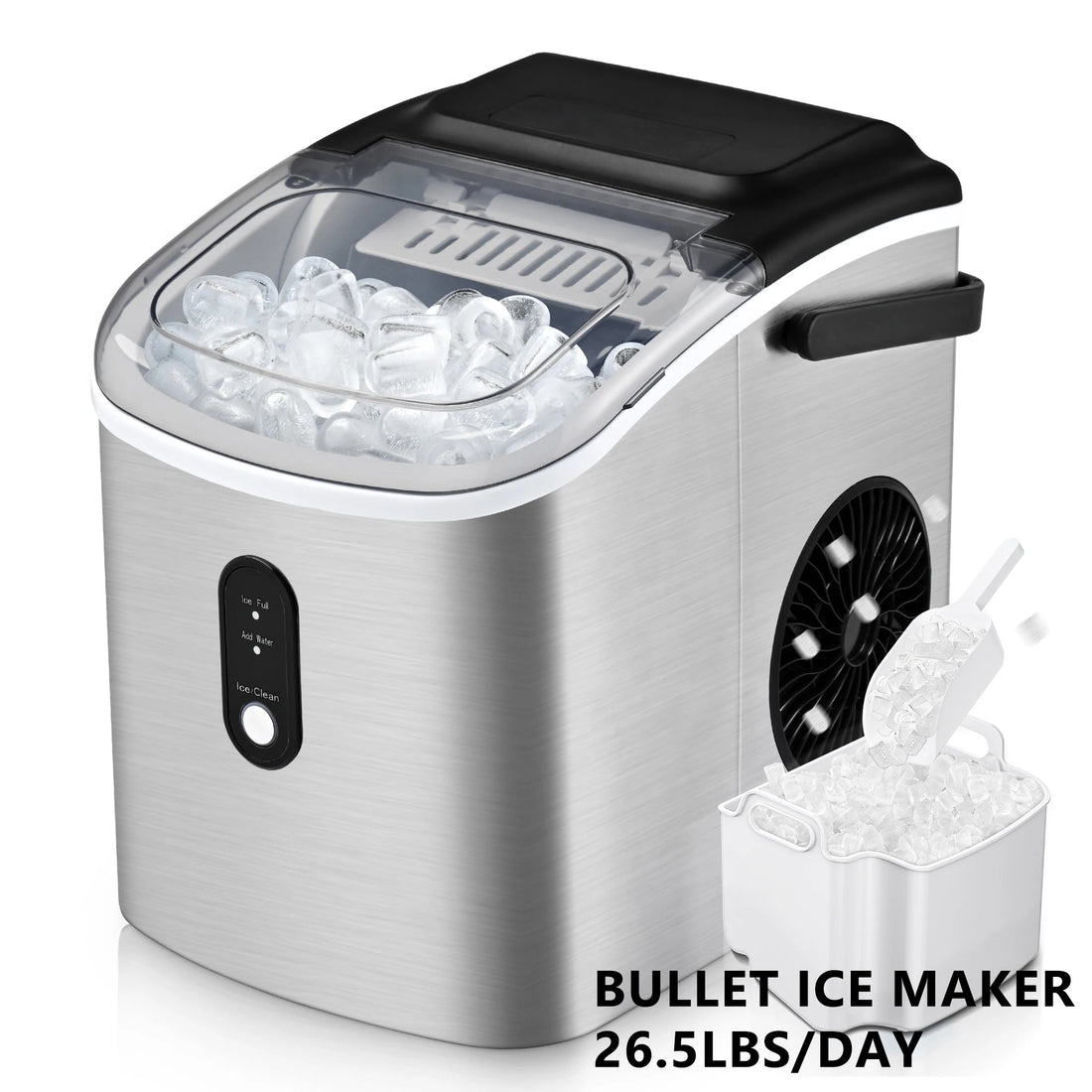 SIMZLIFE Countertop Ice Maker Machine with Handle – 26 lbs/24H, 9 Bullet Ice Cubes in 6 Mins, Auto-Cleaning, Portable Ice Maker (Silver)