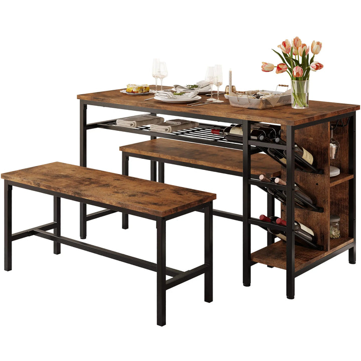 IRONCK 3-Piece Dining Table Set – Vintage Brown Kitchen Table with 2 Benches, Wine Rack & Glass Holder