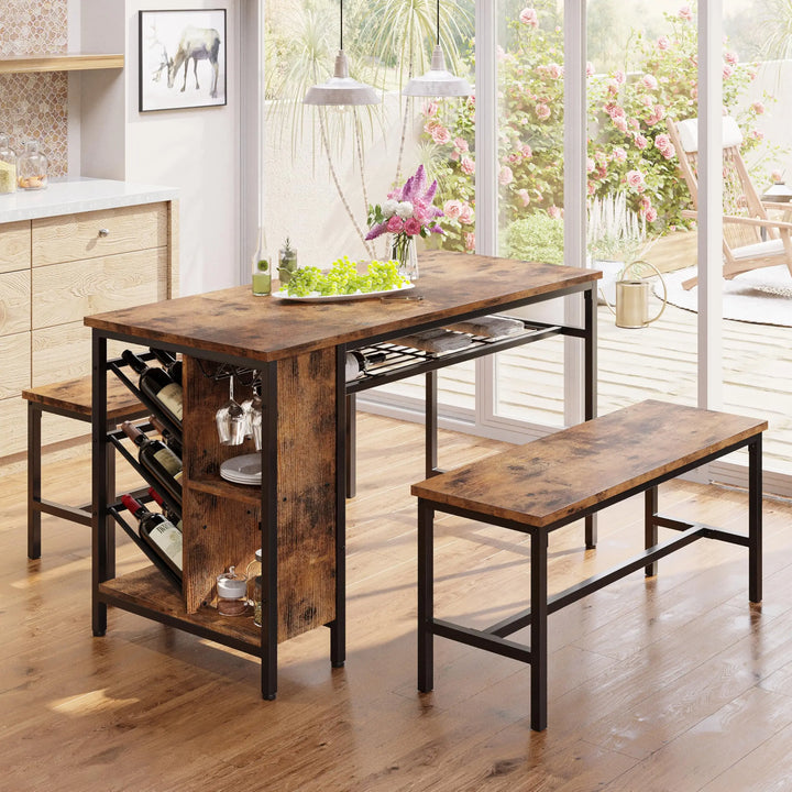 IRONCK 3-Piece Dining Table Set – Vintage Brown Kitchen Table with 2 Benches, Wine Rack & Glass Holder