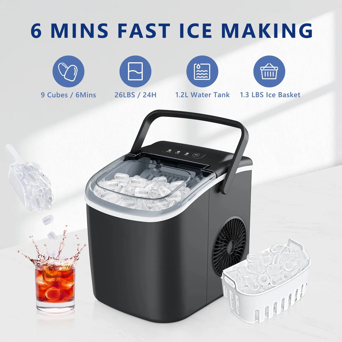 SIMZLIFE 25 lbs/24H Countertop Ice Maker – 9 Bullet-Shaped Ice Cubes in 6 Mins, Auto-Cleaning, Portable Ice Machine