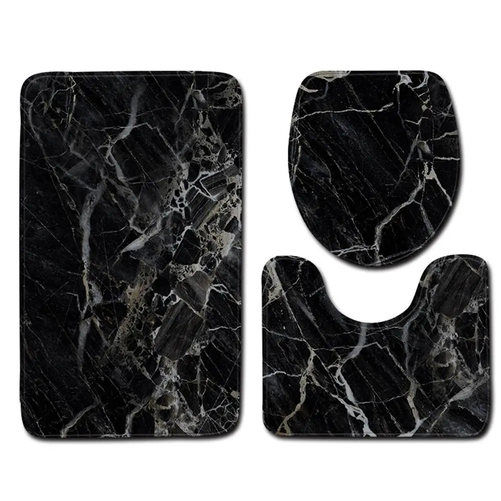 Black Marble Texture Bath Rug Set – 3-Piece Non-Slip Bathroom Mats with Toilet Lid Cover