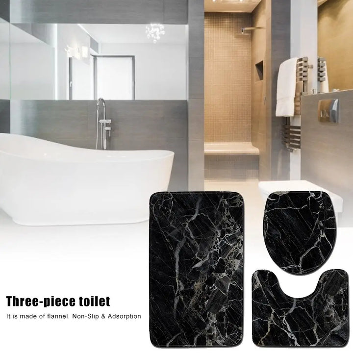 Black Marble Texture Bath Rug Set – 3-Piece Non-Slip Bathroom Mats with Toilet Lid Cover