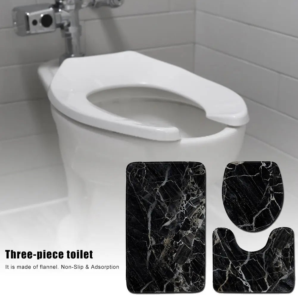 Black Marble Texture Bath Rug Set – 3-Piece Non-Slip Bathroom Mats with Toilet Lid Cover