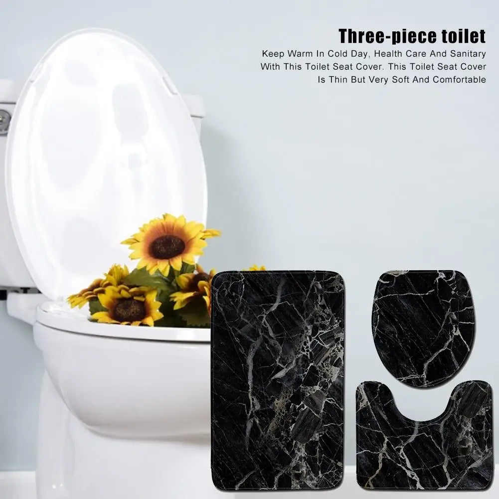 Black Marble Texture Bath Rug Set – 3-Piece Non-Slip Bathroom Mats with Toilet Lid Cover