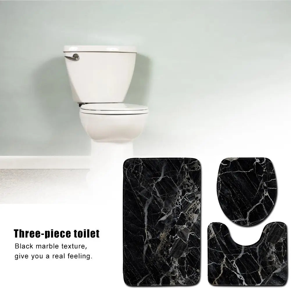 Black Marble Texture Bath Rug Set – 3-Piece Non-Slip Bathroom Mats with Toilet Lid Cover