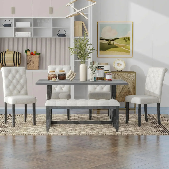 6-Piece Wood Dining Table Set – Retro Rectangular Table with 4 Upholstered Chairs & Bench