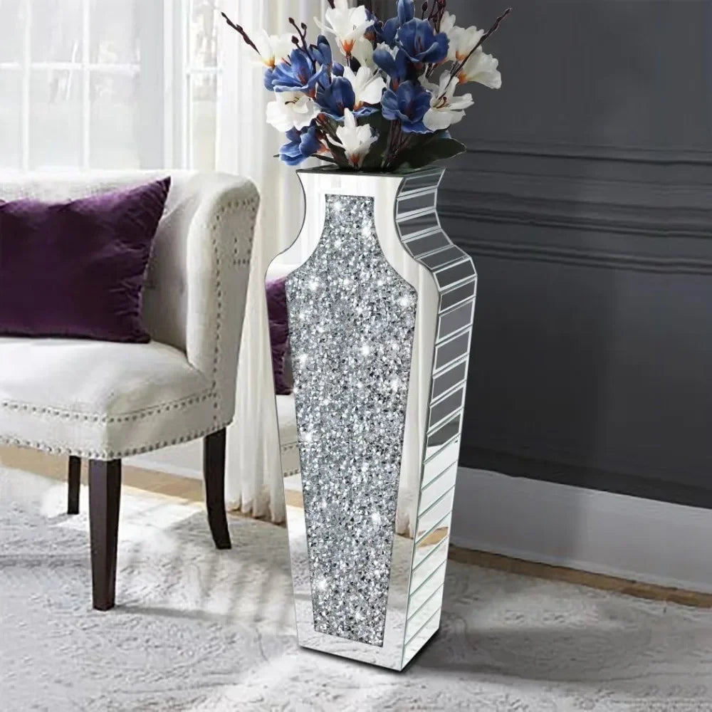 Crystal Silver Glass Decorative Mirror Vase – Luxury Crushed Diamond 27" Floor Vase