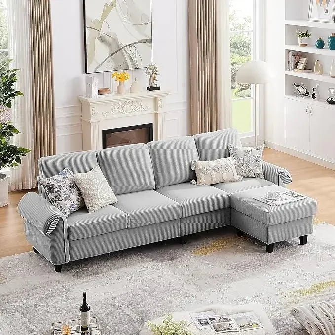 L Shaped Couch 112" Sectional Sofa, 4-seat Reversible Ottoman