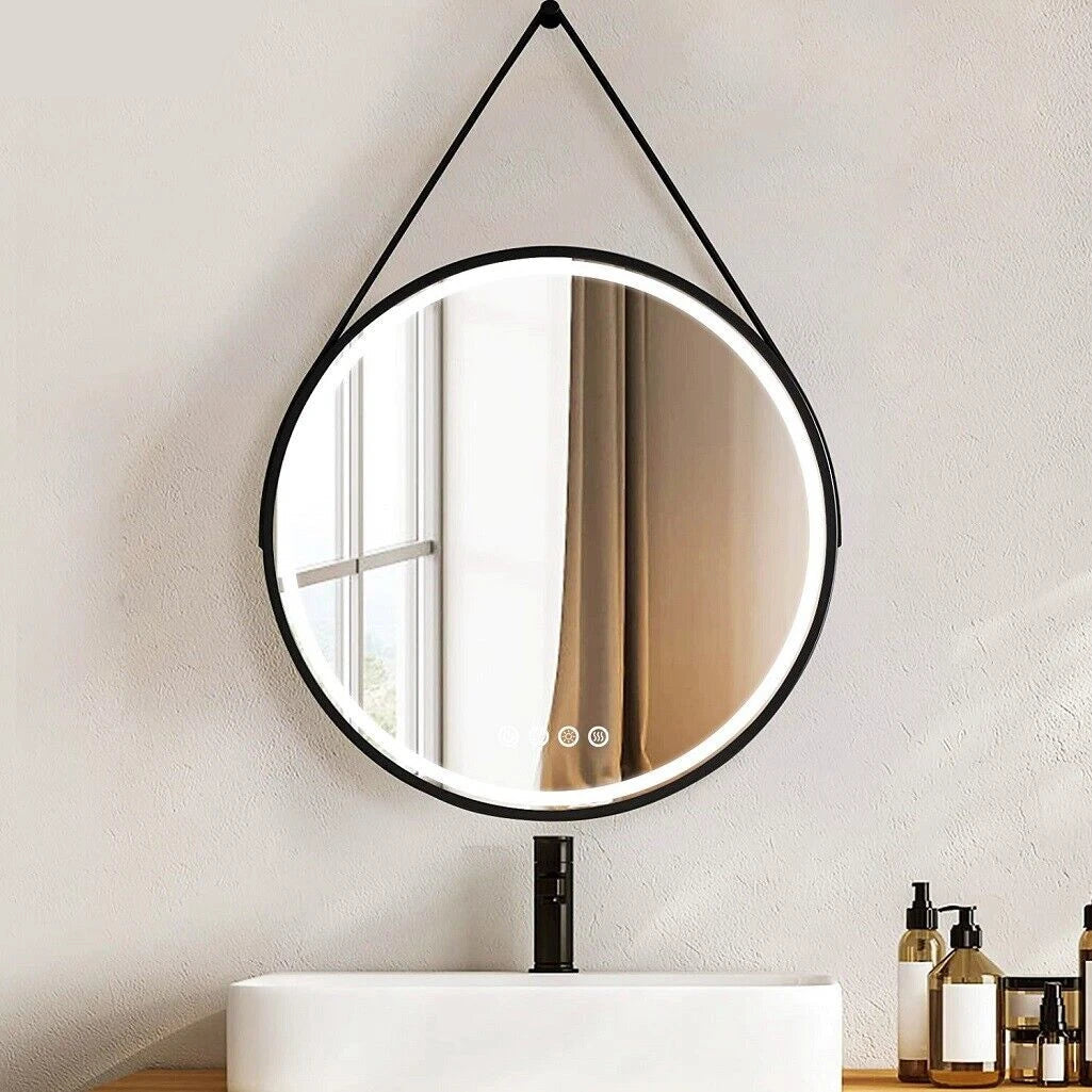 LUVODI Round Dimmable LED Bathroom Mirror – 32” Black & Gold Frame, Fogless, Illuminated Vanity Mirror with Detachable Rope