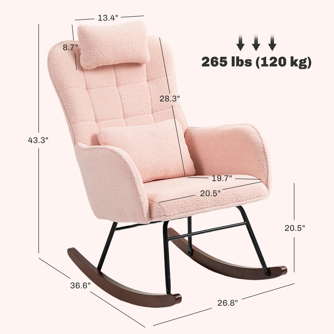 HOMCOM Boucle Rocking Chair with Headrest and Lumbar Pillow – Modern Pink Sherpa Rocker for Living Room, Bedroom & Nursery