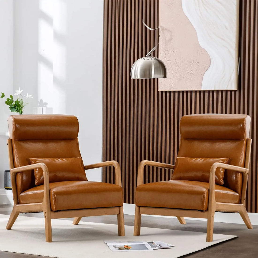 Mid-Century Modern Accent Chairs Set of 2 – Fabric Lounge Armchairs with Solid Wood Frame