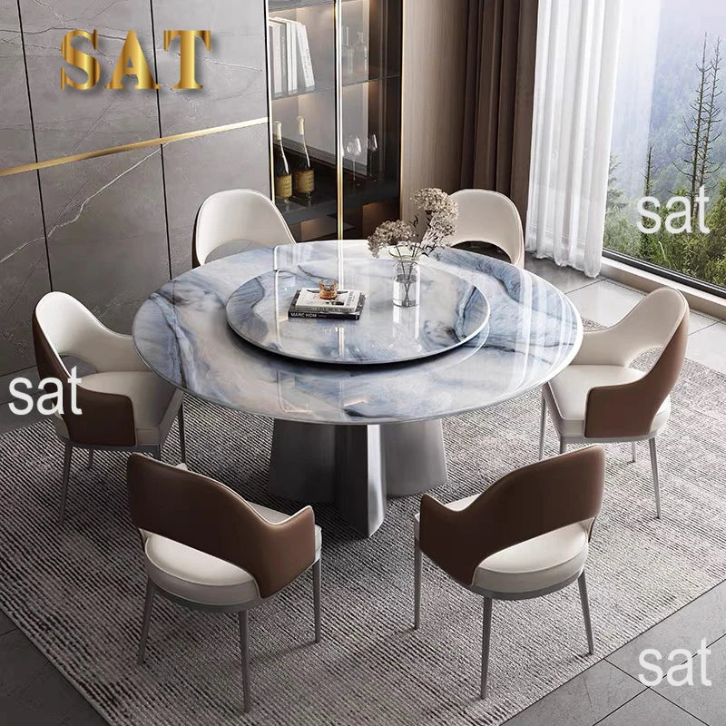 Modern Luxury Marble Round Dining Table Set with Rotating Center – 6, 8, or 10-Seater with Leather Chairs