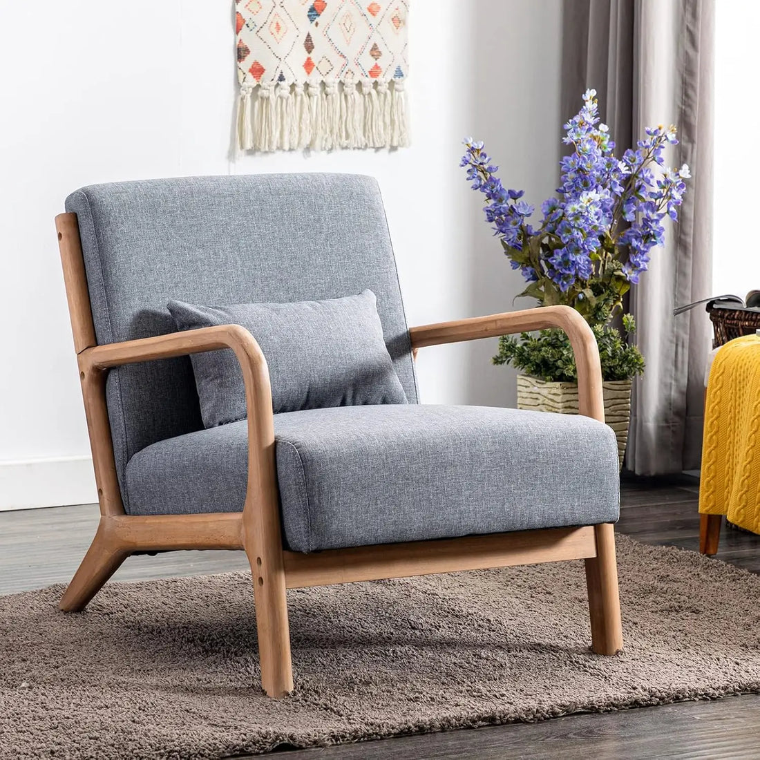 Mid-Century Modern Accent Chairs Set of 2 – Fabric Lounge Armchairs with Solid Wood Frame