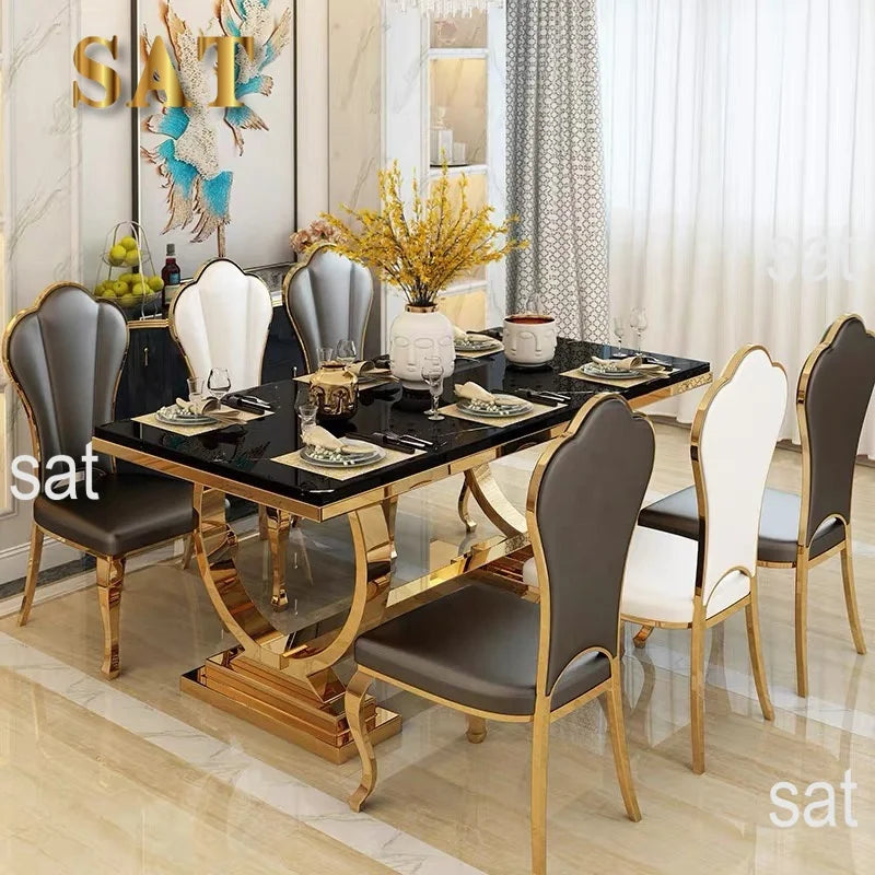 Modern Luxury Large Marble Top Dining Table Set – 6 & 8 Seater with Leather Chairs