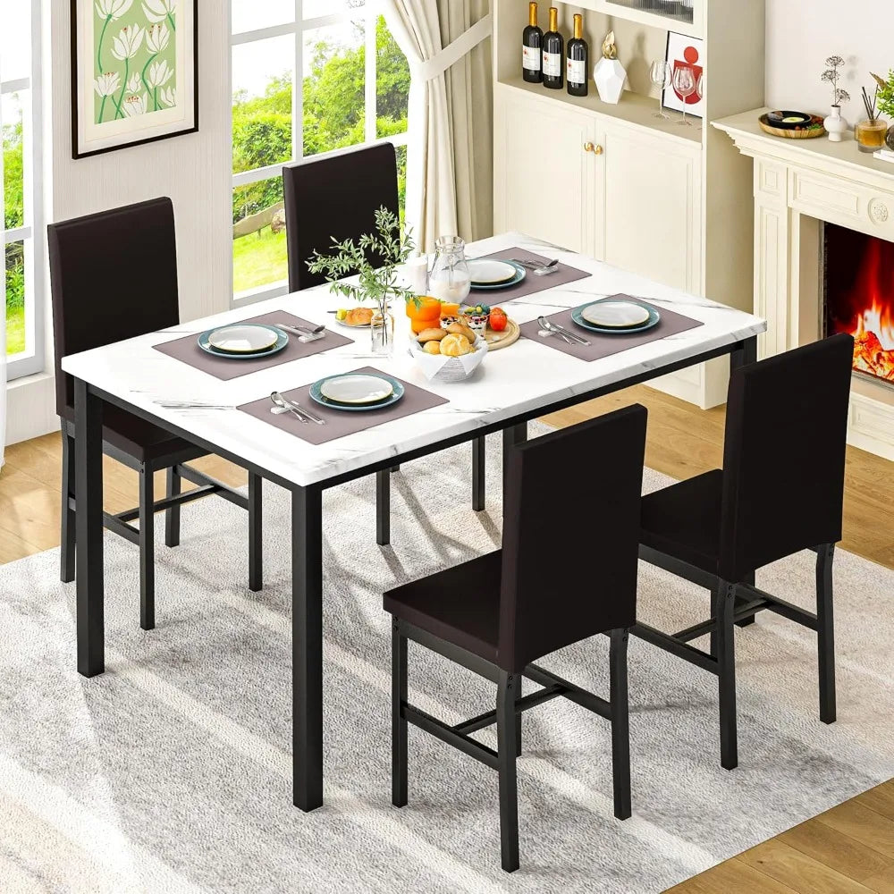 Faux Marble 5-Piece Dining Table Set for 4 – Elegant & Space-Saving Design