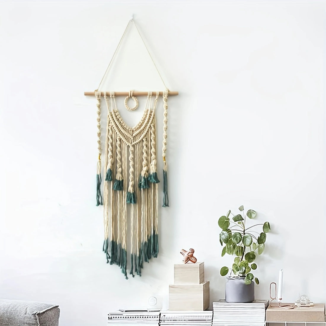 Bohemian Tapestry - Green and Beige Woven Wall Hanging with Tassels for Bedroom and Living Room Decor