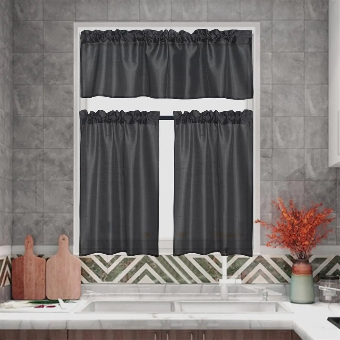 3 Panels Gold Faux Silk Sheer Curtains – 2 Tiers and 1 Valance for Kitchen or Bathroom