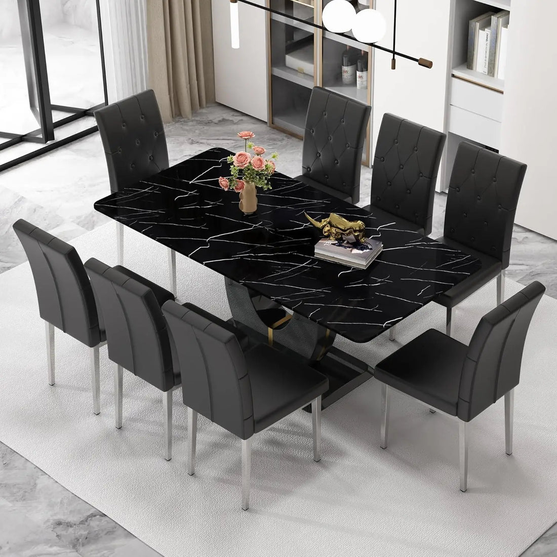 71" Black Dining Table Set for 8 – Faux Marble Table with PU Leather Chairs