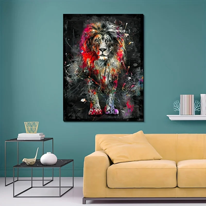 Abstract Graffiti Lion Canvas Painting – Modern Colorful Animal Poster for Home Décor