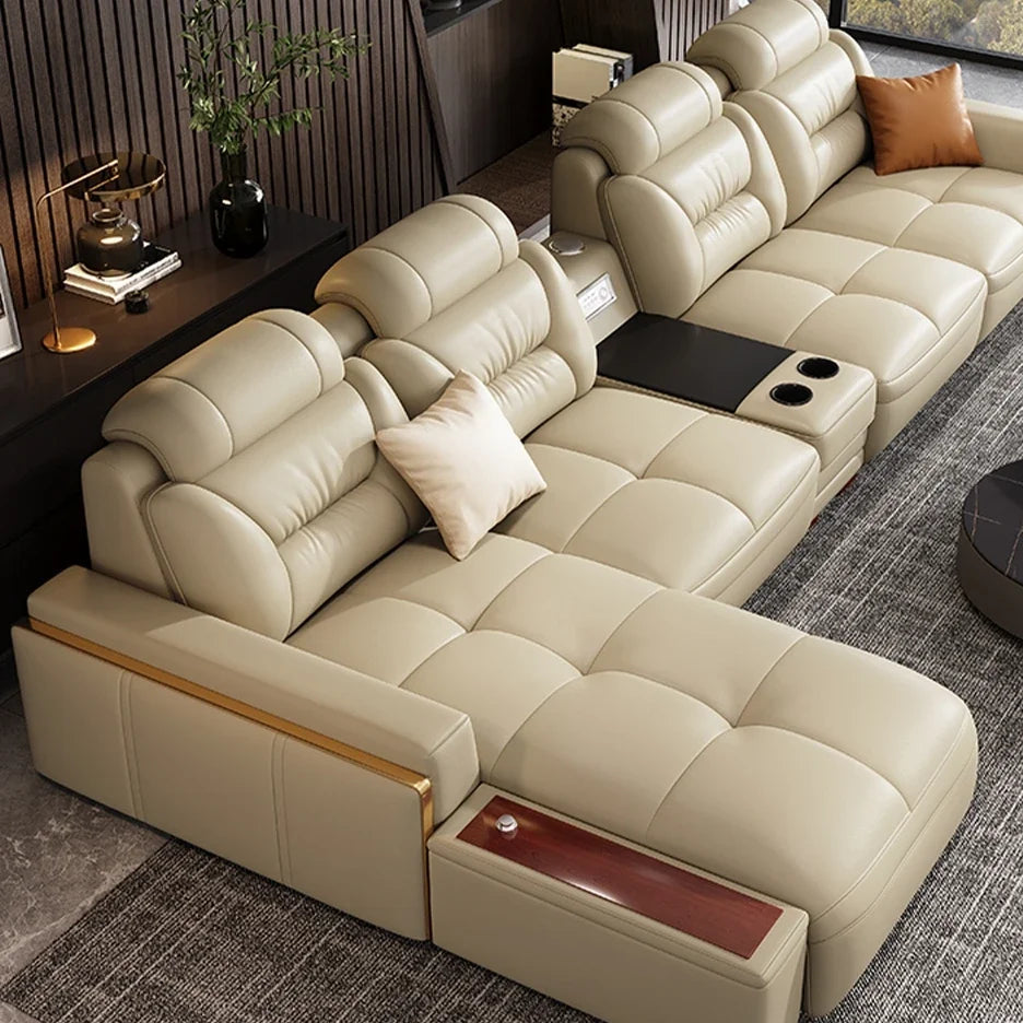 Premium Italian Genuine Leather Sectional Sofa Sets with USB & Bluetooth Speaker - MANBAS Living Room Furniture