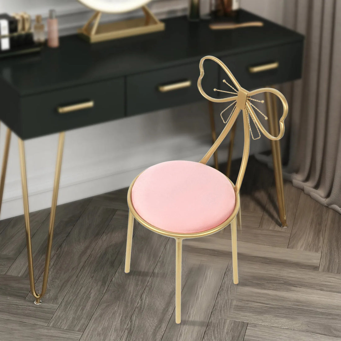 Modern Velvet Butterfly Vanity Stool – Pink Bow Knot Backrest Accent Chair for Girls’ Bedroom, Home Decor, and Makeup Vanity