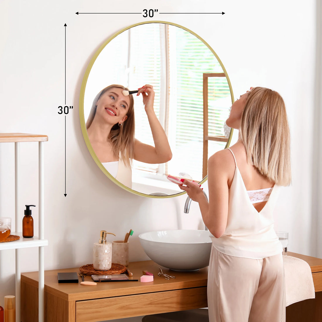 JHK Large Gold Round Vanity Wall Mirror – 30 Inch Matte Metal Framed Modern Mirror for Bedroom & Living Room