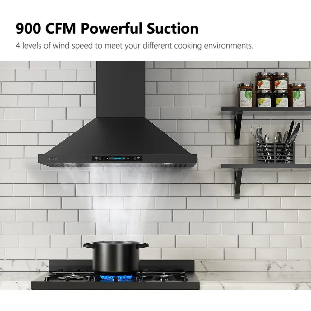 36-Inch Black Wall Mount Range Hood – 900 CFM Stainless Steel Vent Hood with Gesture Sensing & Touch Control (IKP02-36-BSS)