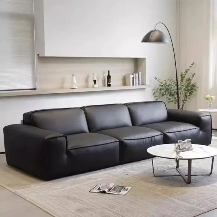 Italian Minimalist Leather Sofa with Tofu Block Design – Summer Black Sofa