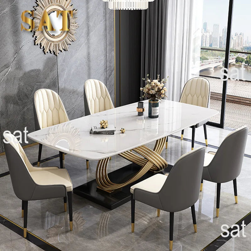 Modern Luxury Marble Stone Dining Table Set with Leather Chairs – 4, 6, or 8 Seater