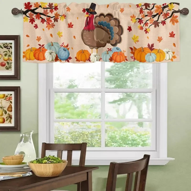 Thanksgiving Autumn Pumpkin Maple Leaf Short Curtains – Farmhouse Curtains for Kitchen, Cabinet, and Window