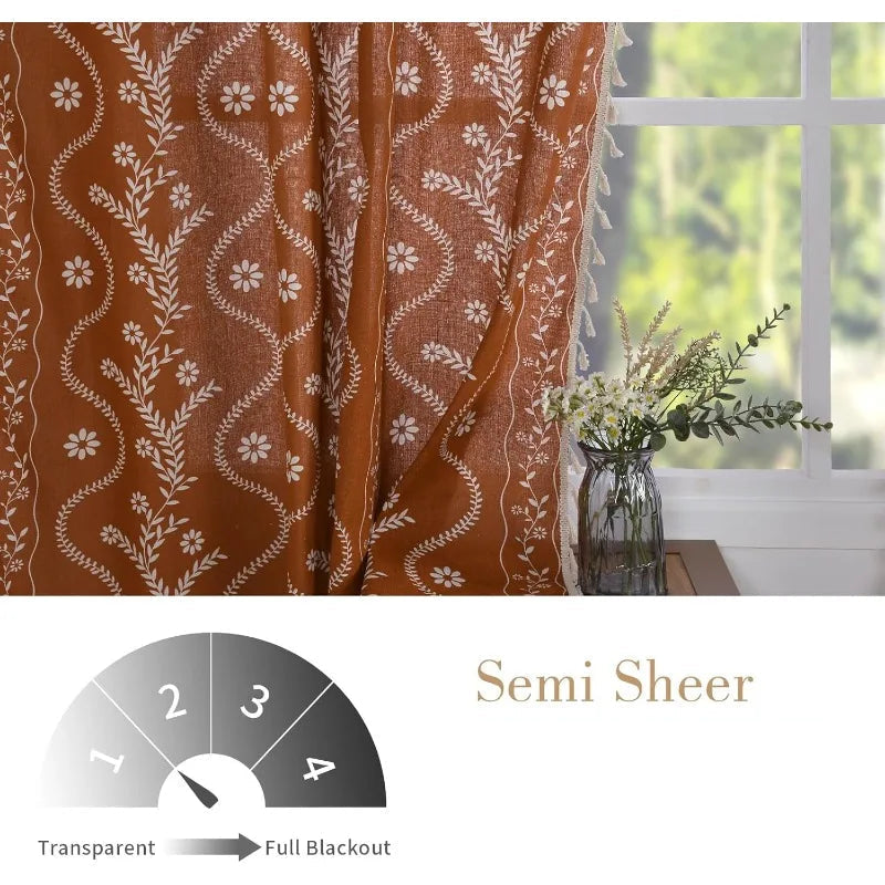 Terracotta Curtains – Semi Sheer Linen Floral Farmhouse Panels for Living Room, Dining, and Kitchen