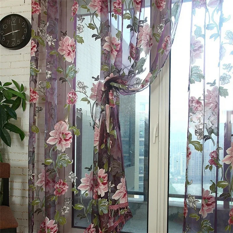 Peony Tulle Curtains – Floral Jacquard Sheer Voile for Kitchen, Door, Window, Living Room, Bedroom