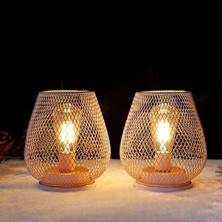 2Pcs Pink Metal Table Lamp - Battery Operated LED Lantern with Edison Bulb for Weddings, Parties, Home and Outdoor Decor