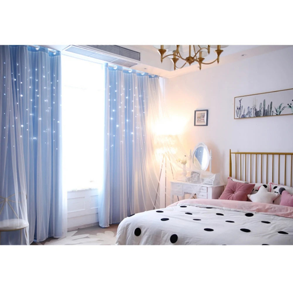 Bright Double Layer Blackout Star Hollow Curtains with Lace Tulle – Elegant Window Decor for Living Room & Bedroom