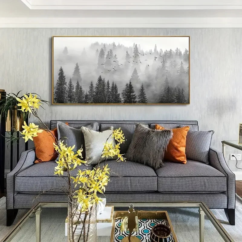 Majestic Foggy Forest Canvas Wall Art – Monochromatic Elegance for Modern Interiors