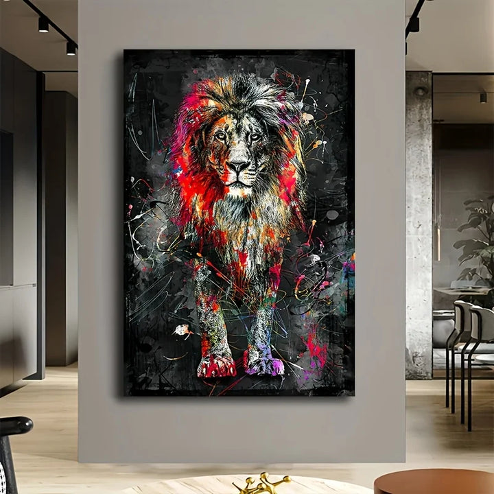 Abstract Graffiti Lion Canvas Painting – Modern Colorful Animal Poster for Home Décor