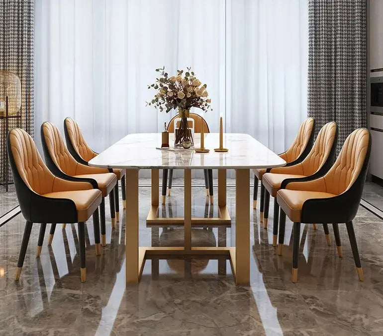 Modern Luxury Marble Dining Table Set – 8-Seater with Gold Legs & 6 Chairs