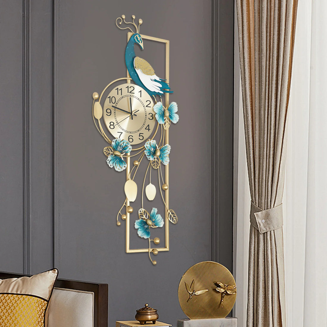 Large Peacock Wall Clock – Gold and Blue Decorative Silent Quartz Wall Clock for Living Room