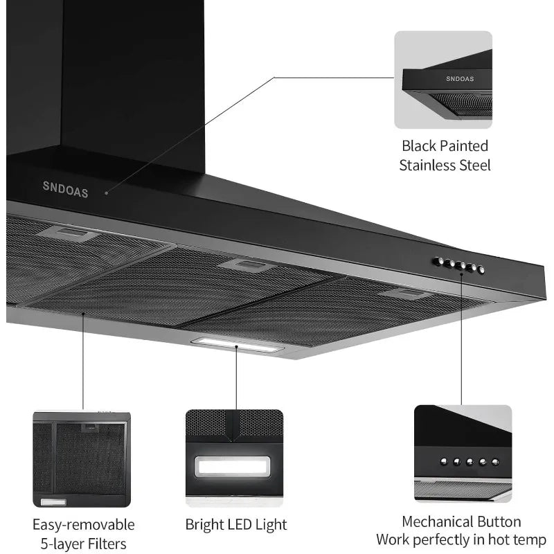 SNDOAS 36-Inch Black Stainless Steel Wall Mount Range Hood – Ducted/Ductless Convertible Kitchen Vent with 3-Speed Fan